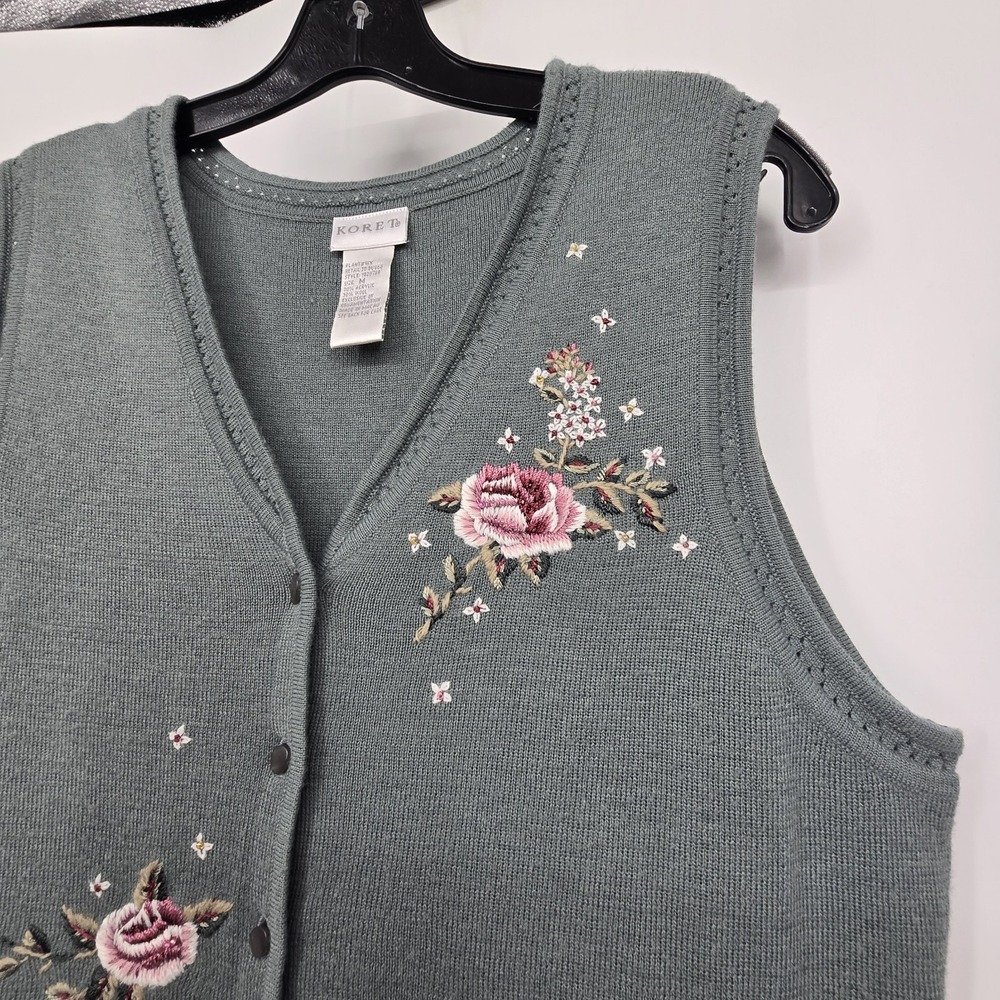 Vintage 90s Koret Floral Embroidert Sweater Vest Women M Green Pink Boho Cottage - Picture 2 of 12